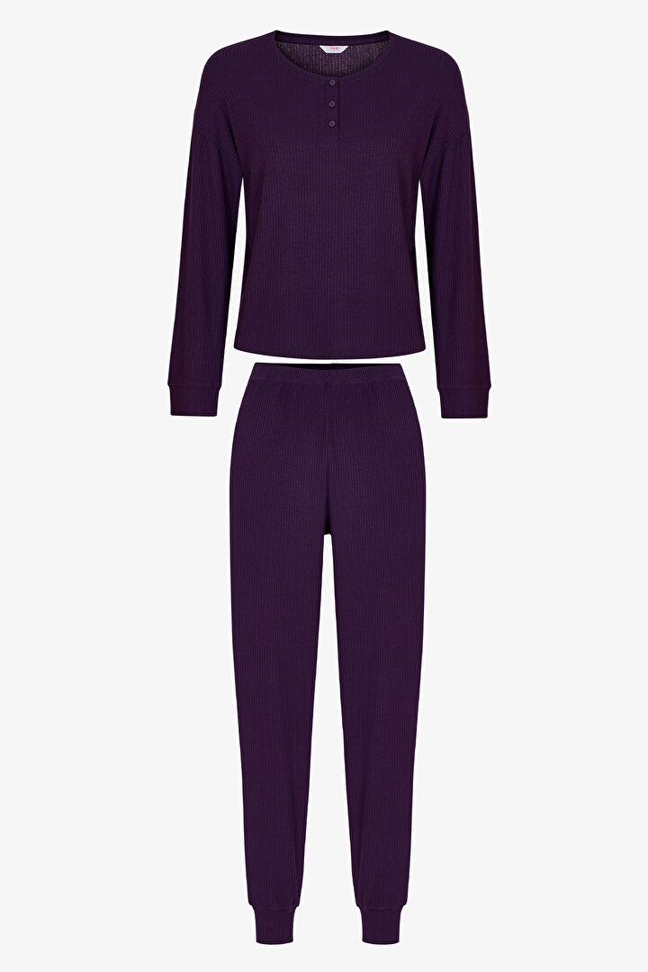 Mor Midnight Mood Fitilli Pantolon Uzun Kollu Pijama Takımı - 1