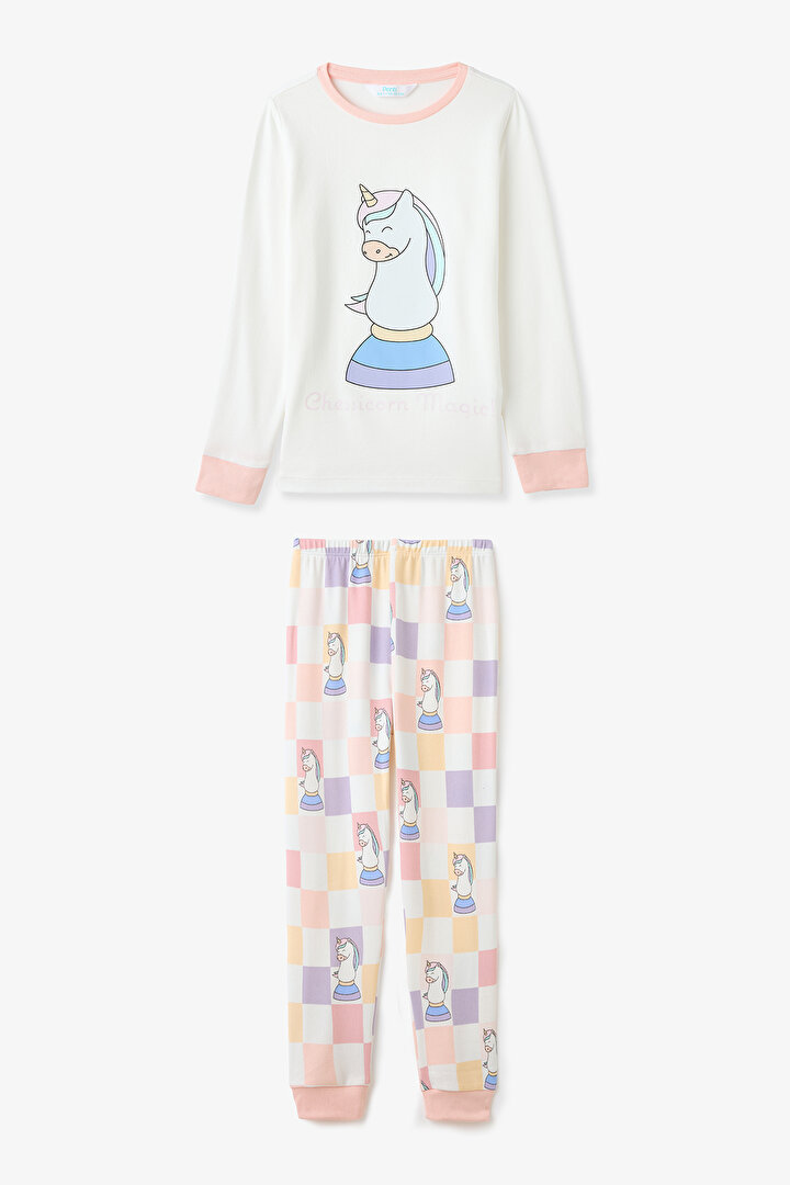 Kırık Beyaz Kız Çocuk Chessicorn Unicorn DesenliUzun Kollu Pijama Takımı - 1
