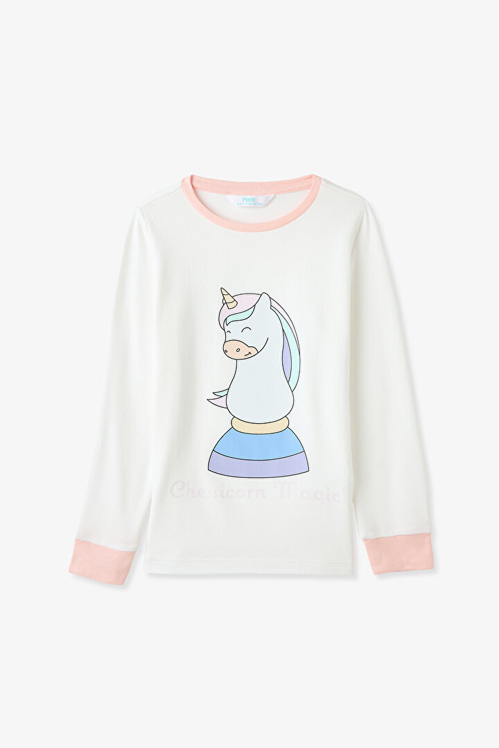 Kırık Beyaz Kız Çocuk Chessicorn Unicorn DesenliUzun Kollu Pijama Takımı - 2