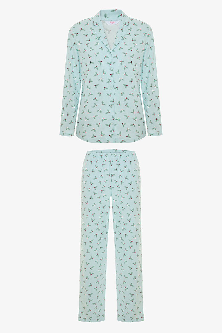 Light Blue Merry Shirt Collar Pajama Set - 1