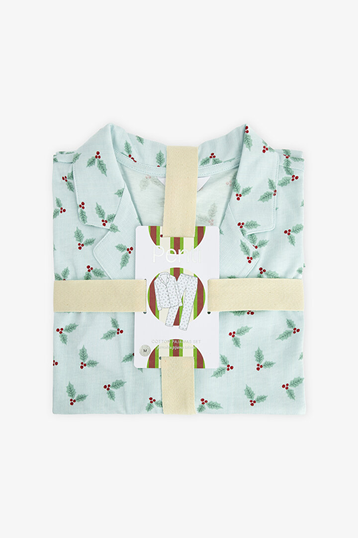 Light Blue Merry Shirt Collar Pajama Set - 2