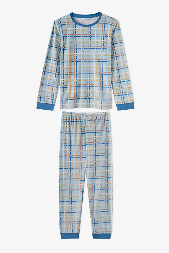 Erkek Çocuk Pastel Mavi Skyline Checks Tef Uzun Kollu Pijama Takımı - 1