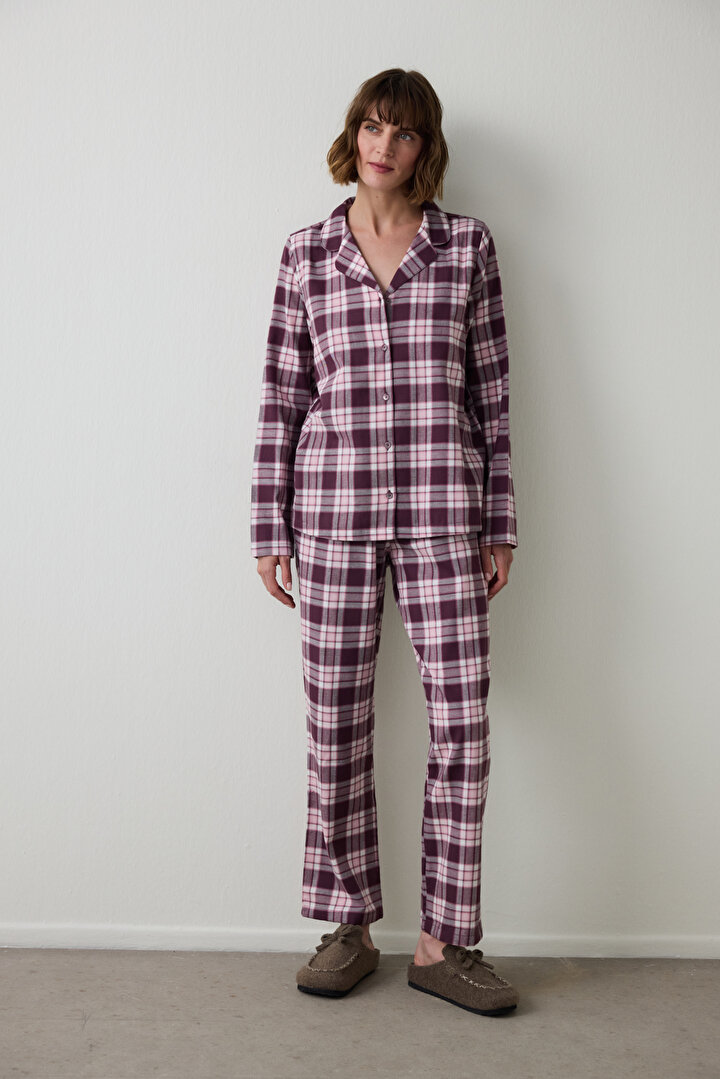 Bordo Ekoseli Gömlek Yaka Pijama Takımı - 1