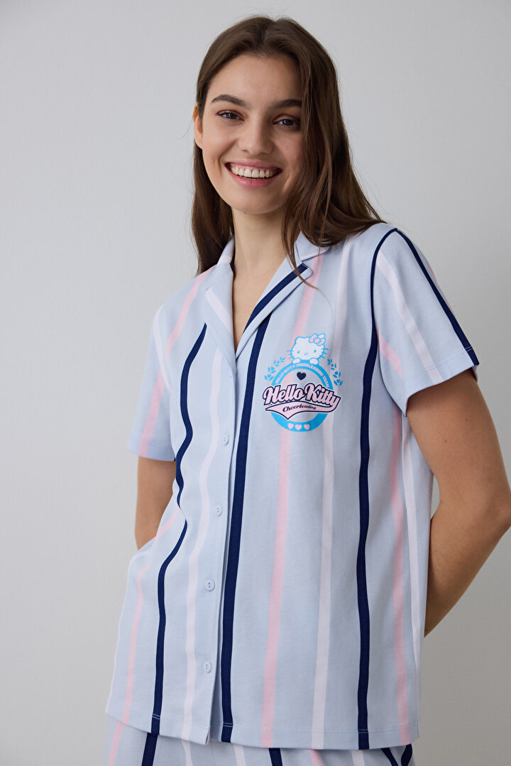 Açık Mavi Sanrio Çizgili Gömlek Yaka Kısa Kollu Pijama Takımı - 2