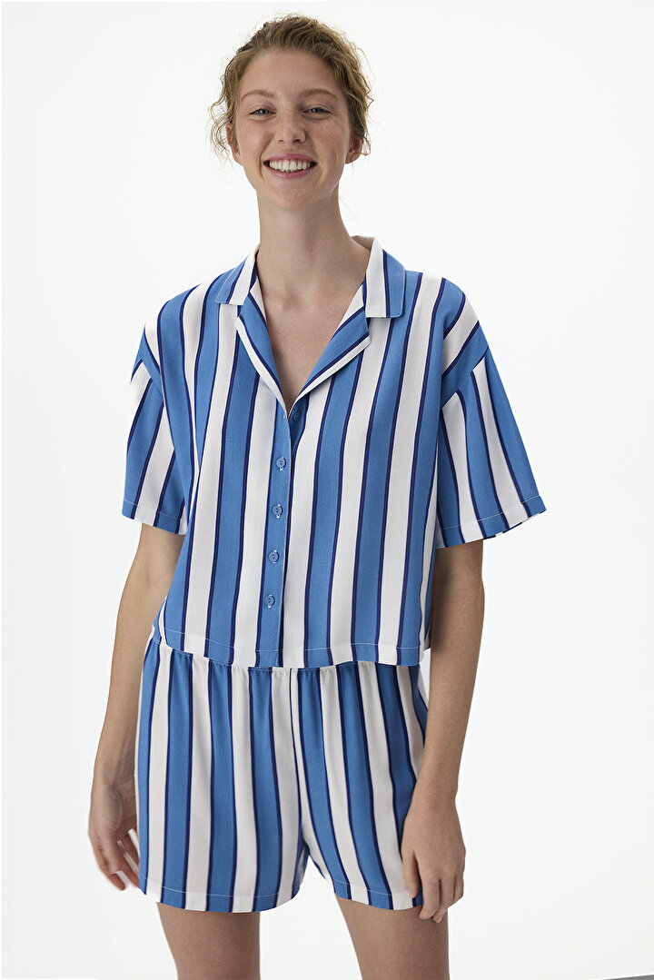 Mavi Vacation Striped  Gömlek Şort Pijama Takımı - 1