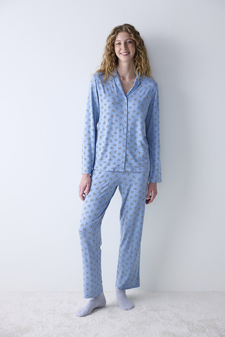 Cute Bows Light Blue Shirt Pant PJ Set - 1