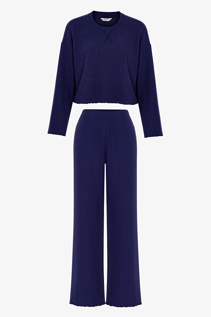Lacivert Navy Waffle Pantolon Uzun Kollu Pijama Takımı - 1
