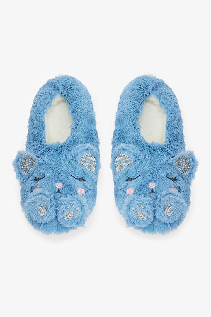 Light Blue Sleepy Cat Animal Embroidered House Slippers - 1