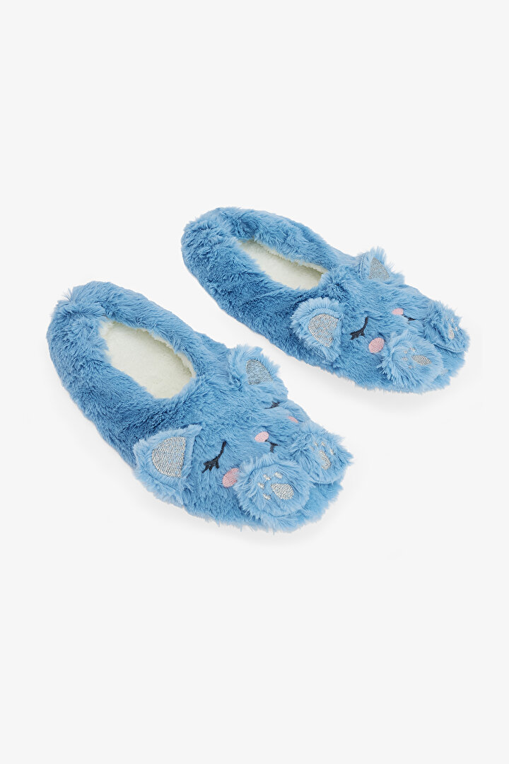 Light Blue Sleepy Cat Animal Embroidered House Slippers - 2