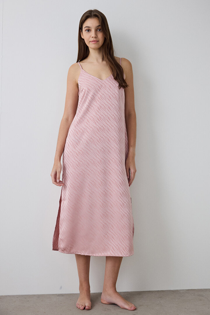 Dusty Rose Emma Zebra Patterned V-Neck Satin Nightgown - 1