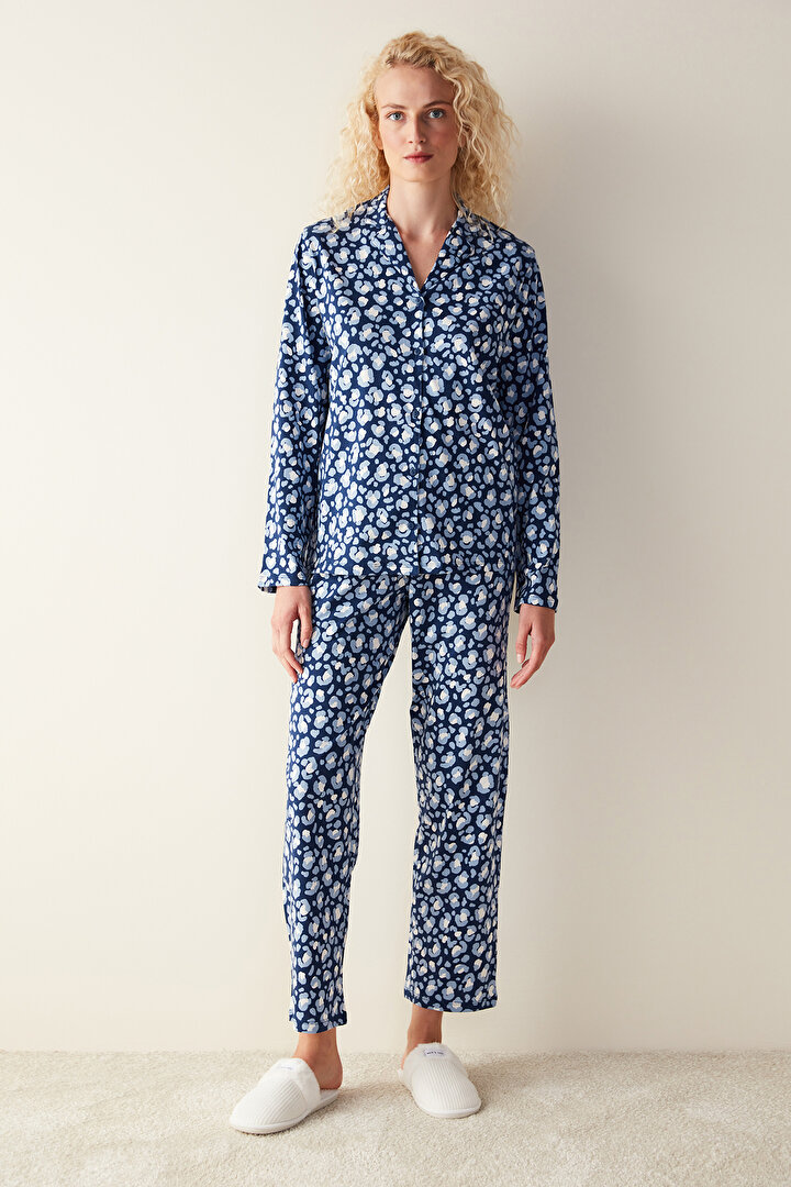 Leopar Baskılı Uzun Kollu Lacivert Gömlek Pijama Set - 1