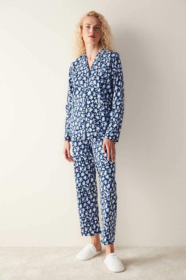 Leopar Baskılı Uzun Kollu Lacivert Gömlek Pijama Set - 2