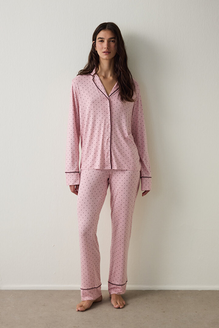 Pembe Puantiyeli Oversize Gömlek Yaka Pijama Takımı - 1