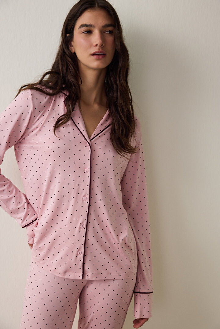 Pembe Puantiyeli Oversize Gömlek Yaka Pijama Takımı - 2