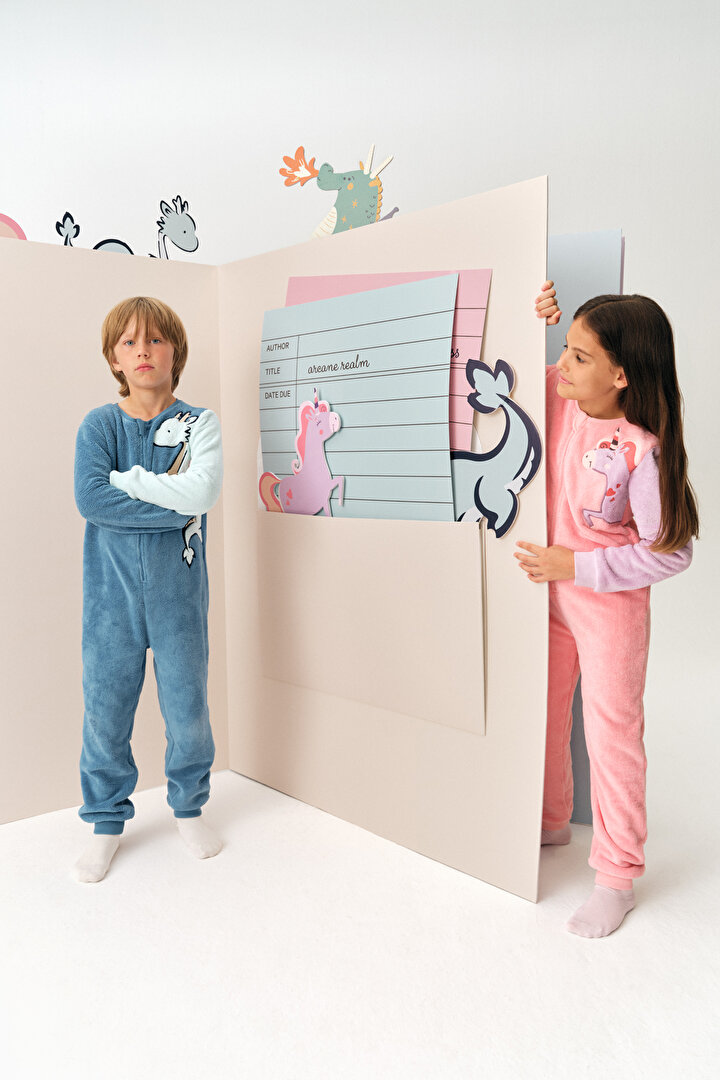 Kız Çocuk Pembe Drift Tef Unicorn Desenli Uzun Kollu Tulum - 1