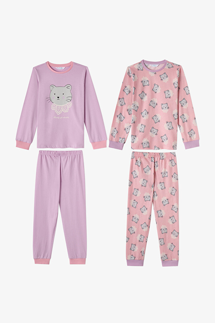 Kız Çocuk Pembe Dainty Kitty Pamuklu Uzun Kollu 2'li Pijama Takımı - 1