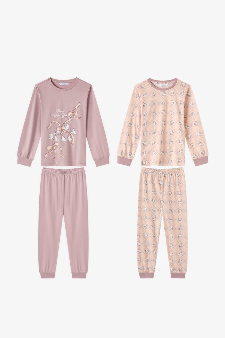 Kız Çocuk Lila Funny Bunny Pamuklu Uzun Kollu 2'li Pijama Takımı - 1