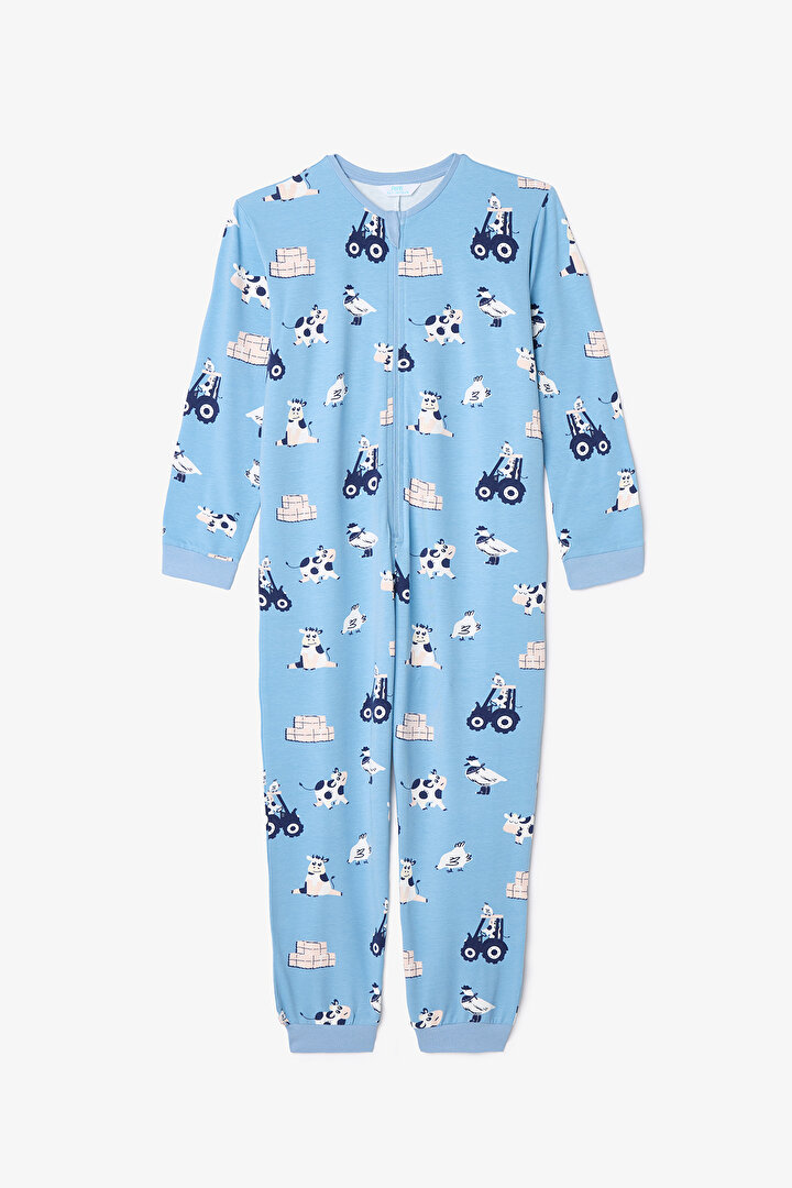 Mavi Erkek Çocuk Farm İnek Desenli Fermuarlı Pijama Tulum - 1