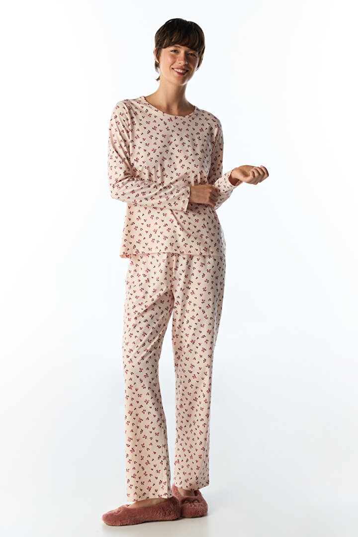 Açık Pembe Petal Çiçekli Uzun Kollu Pantolon Pijama Takımı - 2