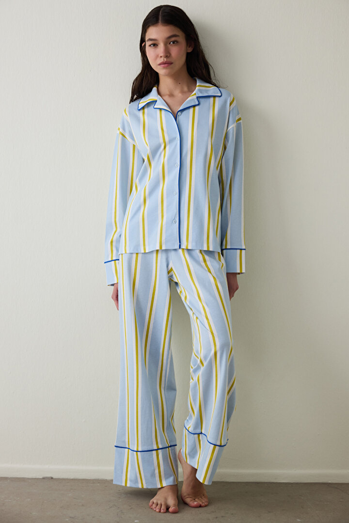 Açık Mavi Çizgili Gömlek Yaka Pamuklu Uzun Kollu Pijama Takımı- Inspired by Flora - 2