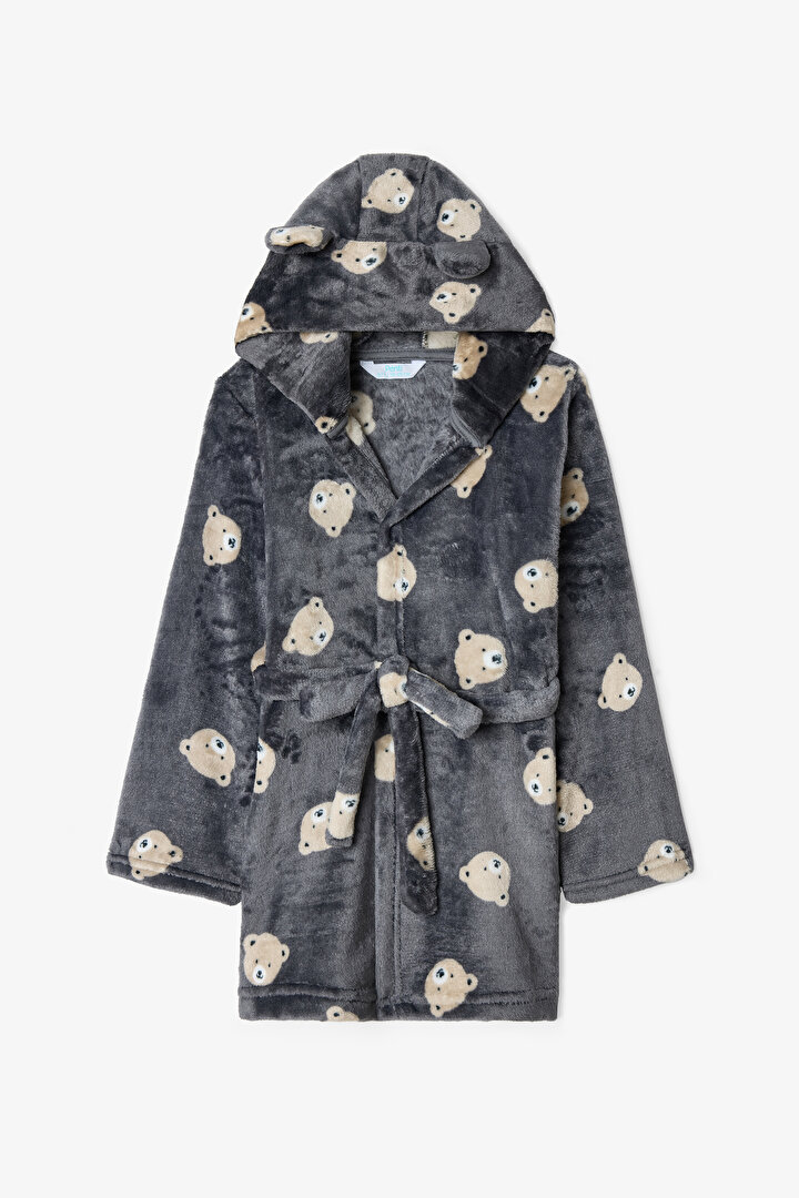 Kırık Gri Erkek Çocuk Ayı Desenli Bağlamalı Sabahlık - 1