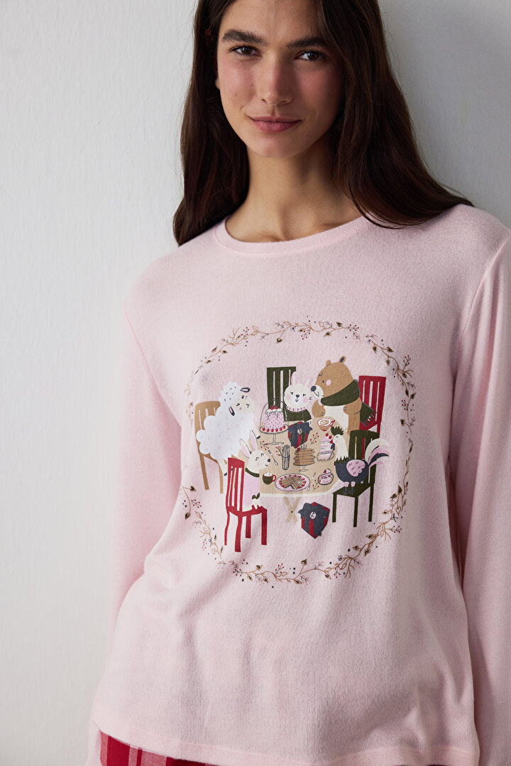 Gül Kurusu Good Mood Yeni Yıl Baskılı Bisiklet Yaka Pijama Üstü - 1