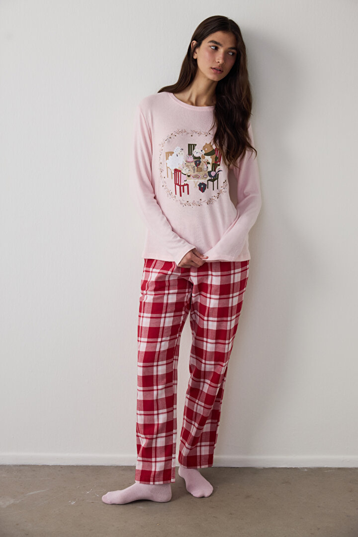 Gül Kurusu Good Mood Yeni Yıl Baskılı Bisiklet Yaka Pijama Üstü - 2