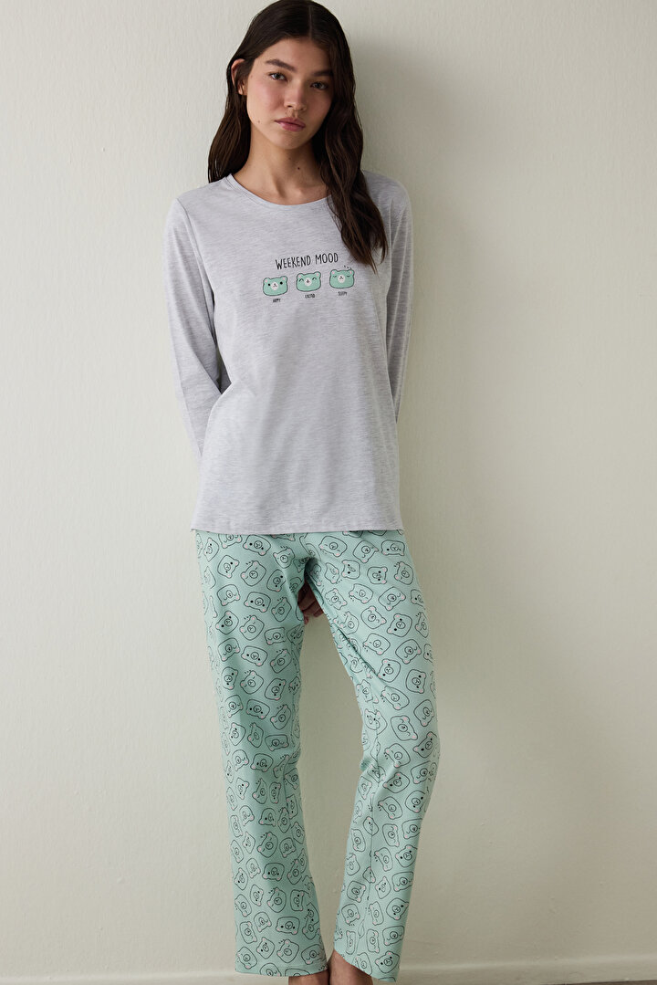 Weekend Mood Crew Neck Long Sleeve Cotton Pajama Set - 1