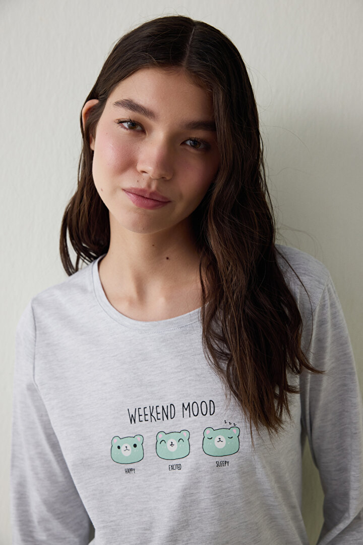 Weekend Mood Crew Neck Long Sleeve Cotton Pajama Set - 2