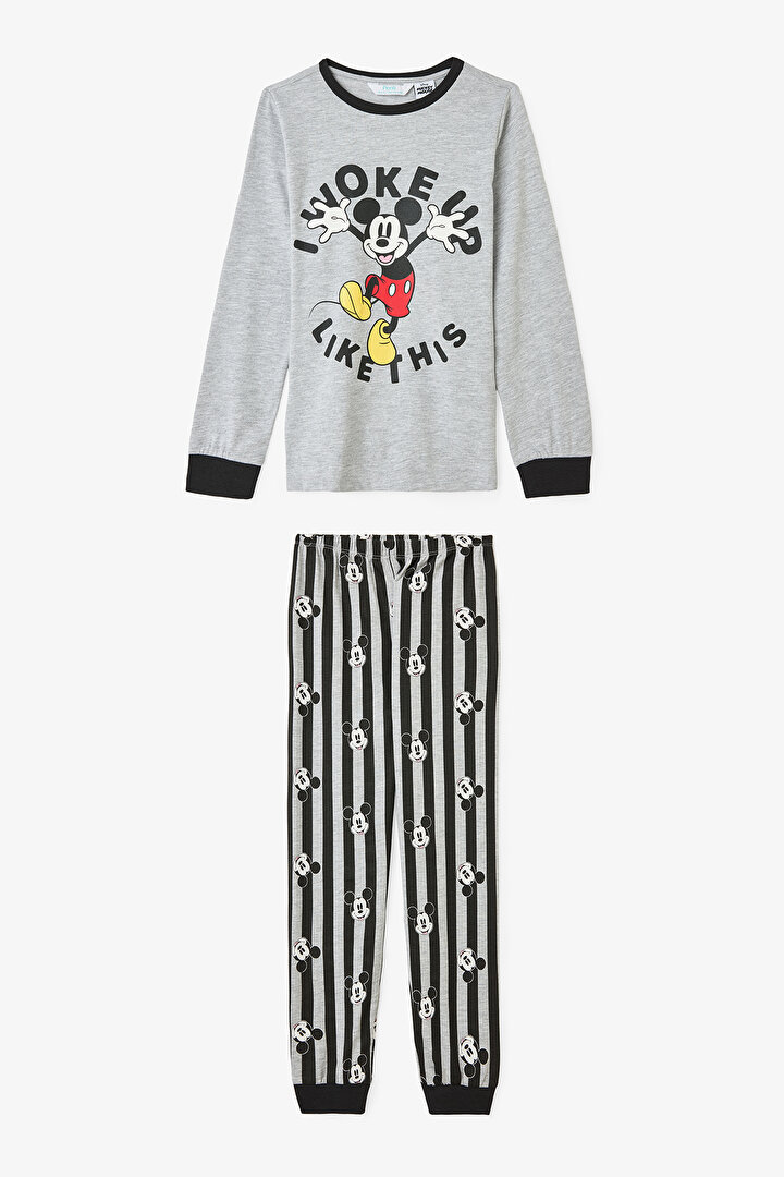 Gri Melanj Erkek Çocuk Mickey Mouse Baskılı Uzun Kollu 2'li Pijama Takımı - 1