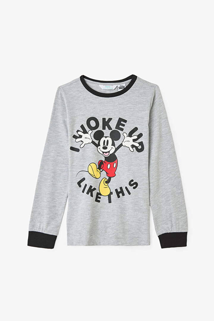 Gri Melanj Erkek Çocuk Mickey Mouse Baskılı Uzun Kollu 2'li Pijama Takımı - 2
