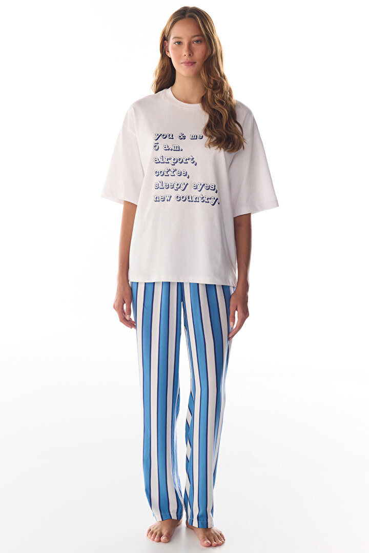 Beyaz Vacation Slogan Desenli Kısa Kollu Tişört Pijama Üstü - 1