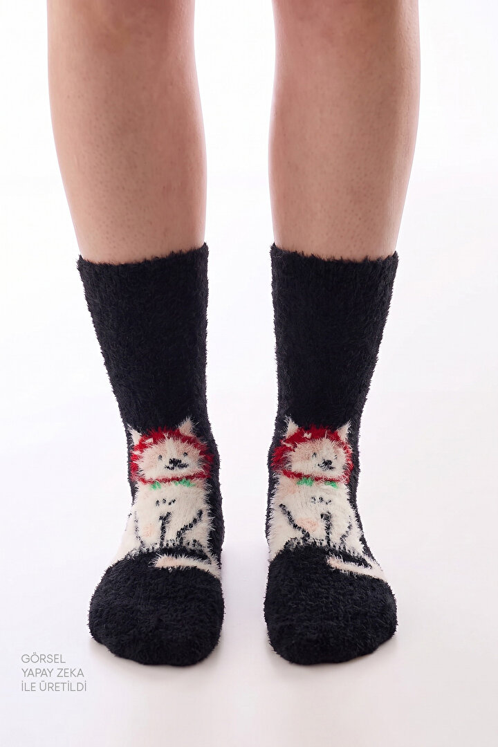 Gri Happy Cat Kedi Desenli Soket Çorap - 1