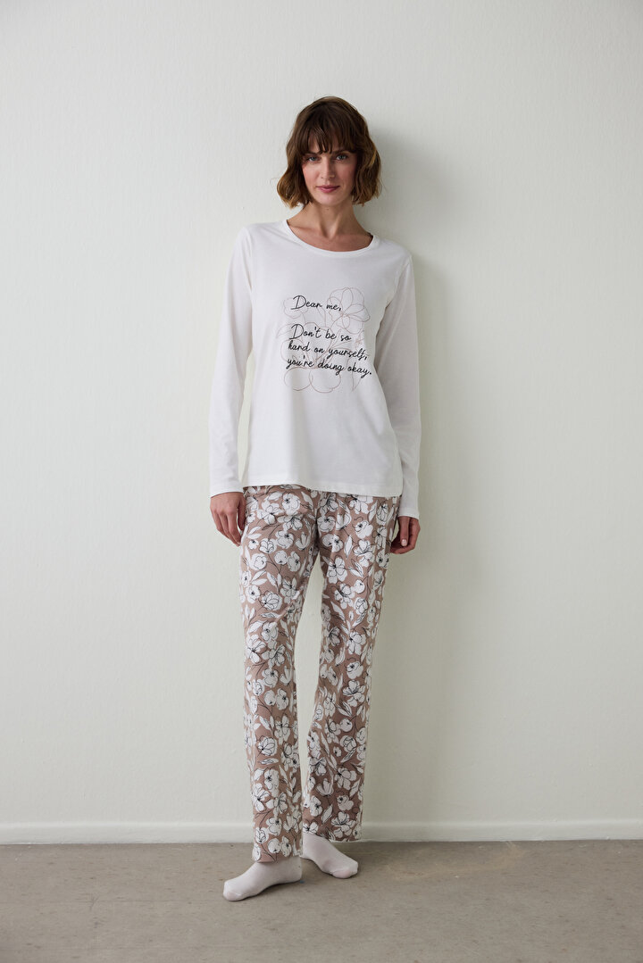 Dear Me Slogan Baskılı Bisiklet Yaka Uzun Kollu Pamuklu Pijama Takımı - 1