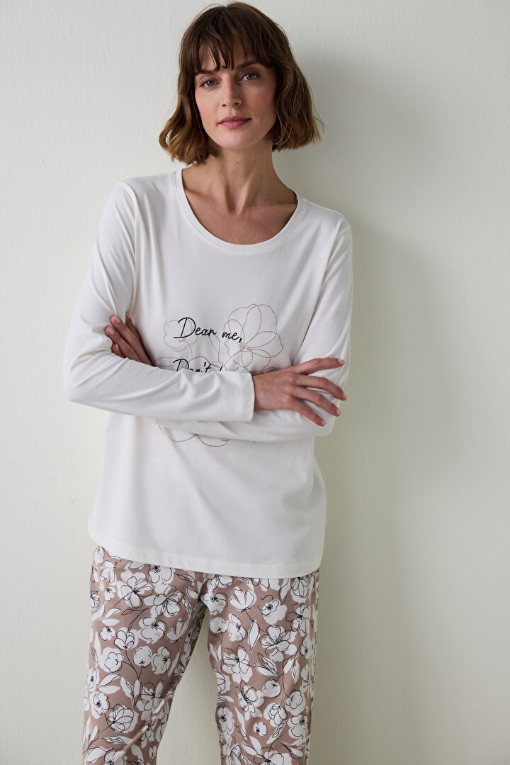 Dear Me Slogan Baskılı Bisiklet Yaka Uzun Kollu Pamuklu Pijama Takımı - 2