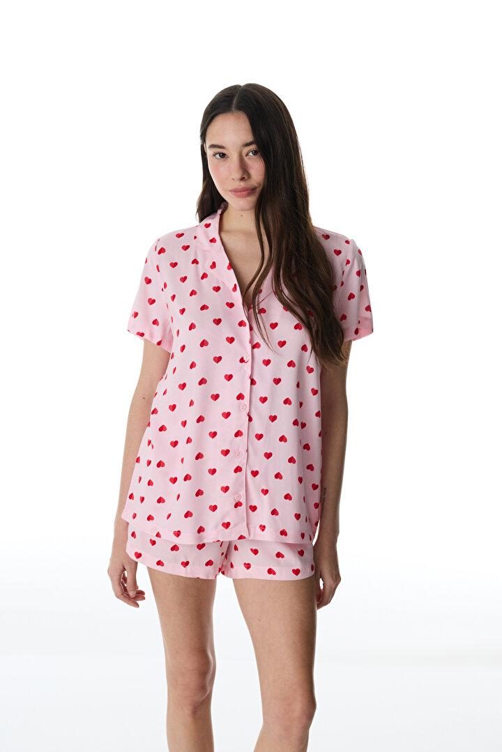 Pembe Cute Hearts Gömlek Şortlu Pijama Takımı - 1