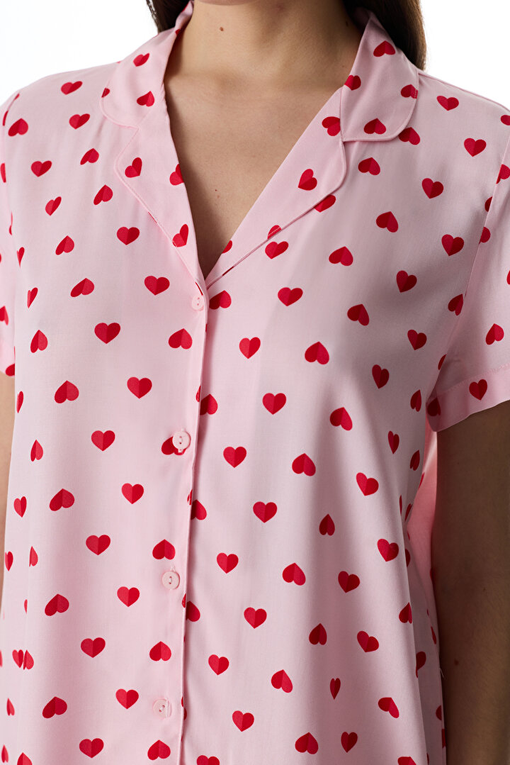 Pembe Cute Hearts Gömlek Şortlu Pijama Takımı - 2