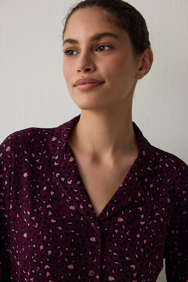 Bordo Leopar Desenli Fitilli Gömlek Yakalı Uzun Kollu Pijama Takımı - 2