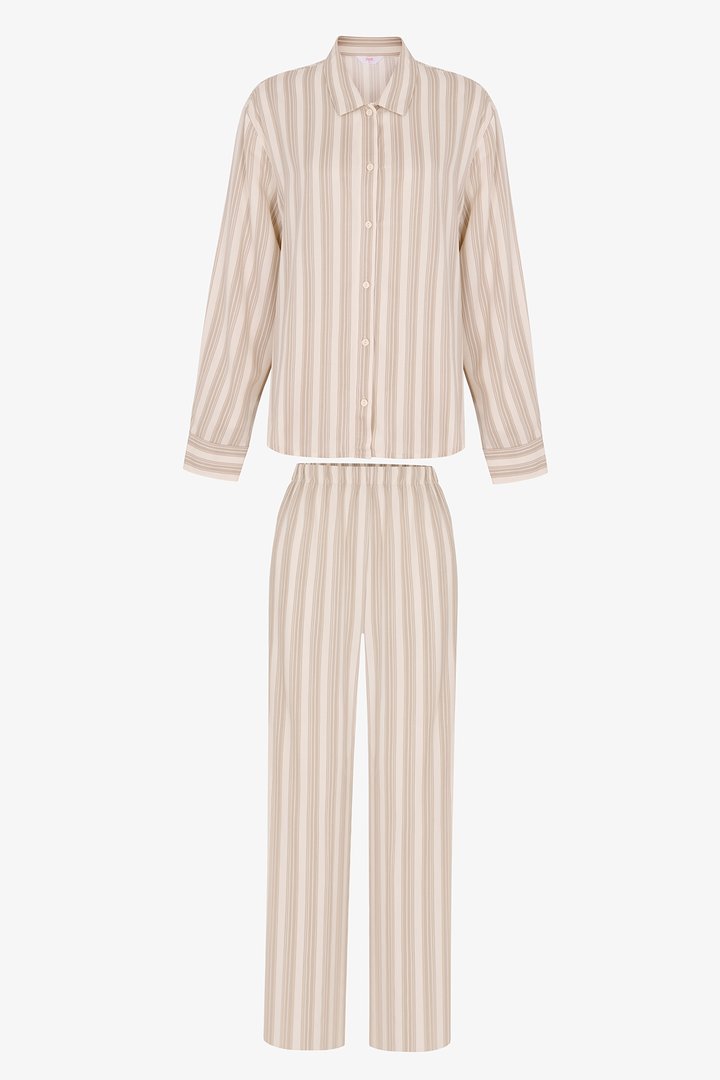 Ekru Not Today Çizgili Uzun Kollu Gömlek Pantolon Pijama Takımı - 1