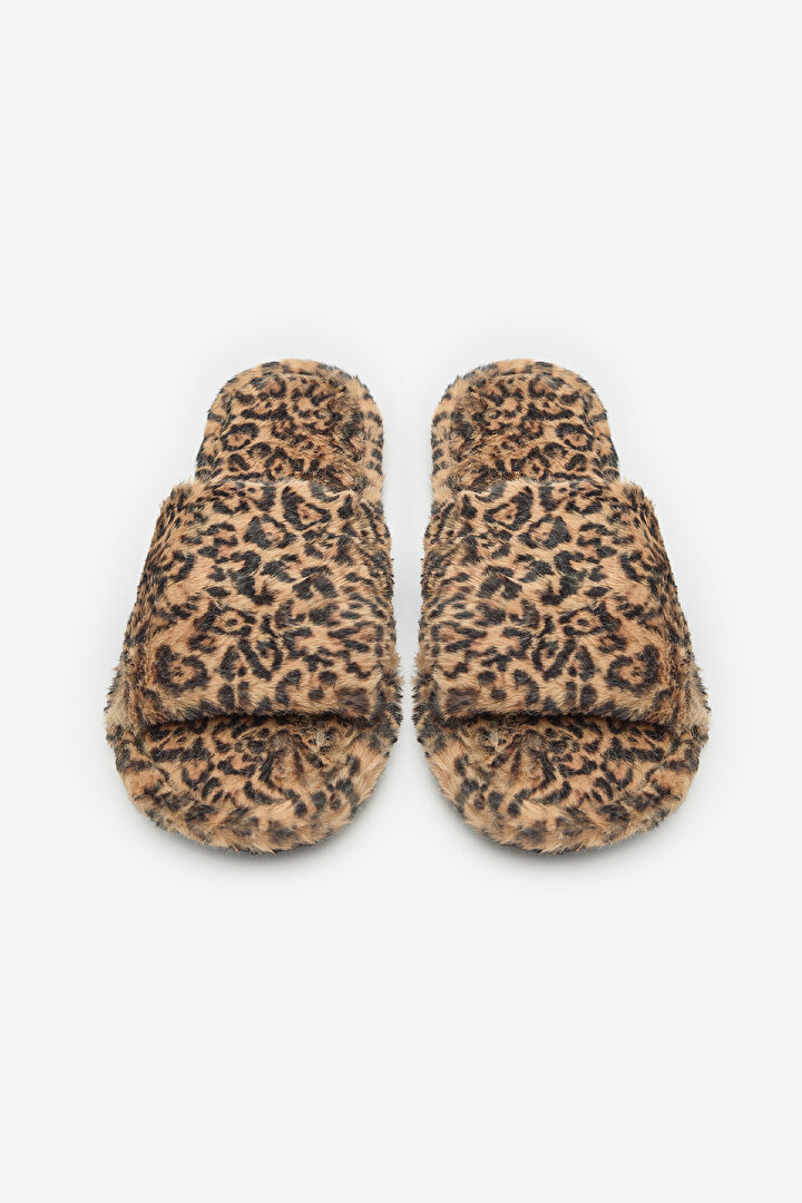 Leopard Fluffy Bej Terlik - 1