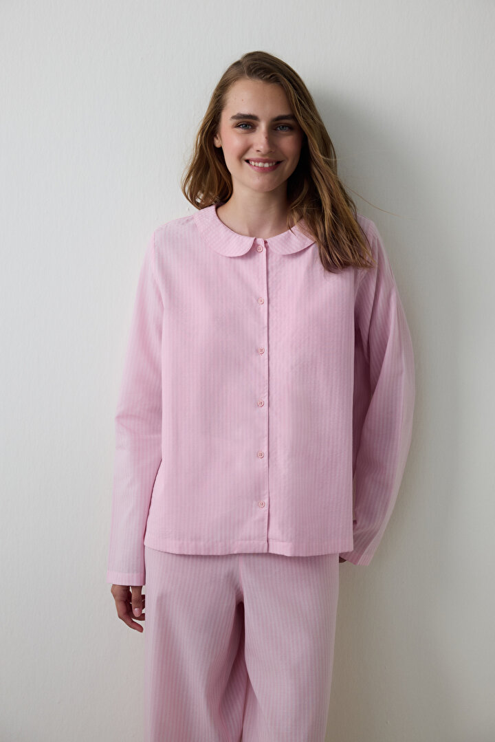 Açık Pembe Çizgili Bağlama Detaylı Gömlek Yaka Pijama Takımı - 2
