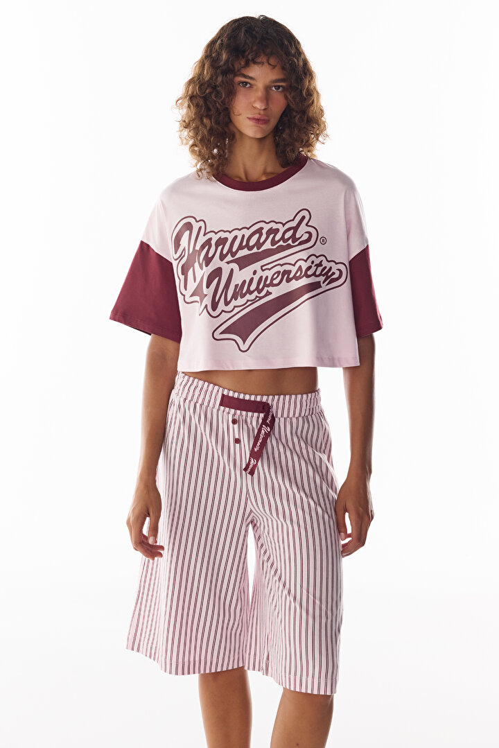 Pembe Harvard Graffiti Desenli Kısa Kollu Şort Pijama Takımı - 1