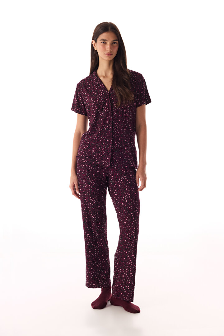Bordo Leopard Rib Gömlek Pantolon Pijama Takımı - 1