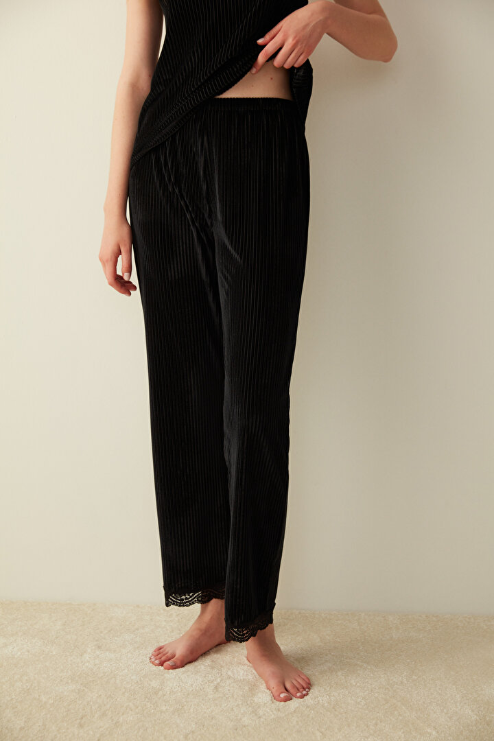 Siyah Mariana Kadife Dantel Detaylı Pantolon Pijama Altı - 2