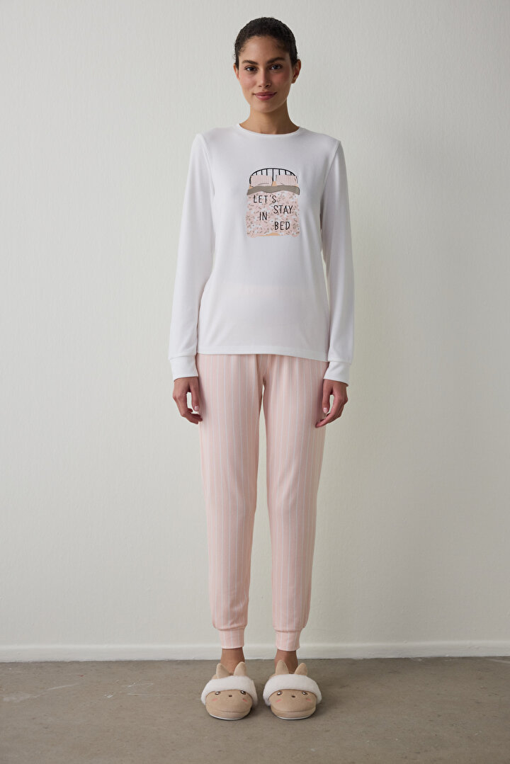 Çizgili Sleep Time Bisiklet Yaka Uzun Kollu Pijama Takımı - 1