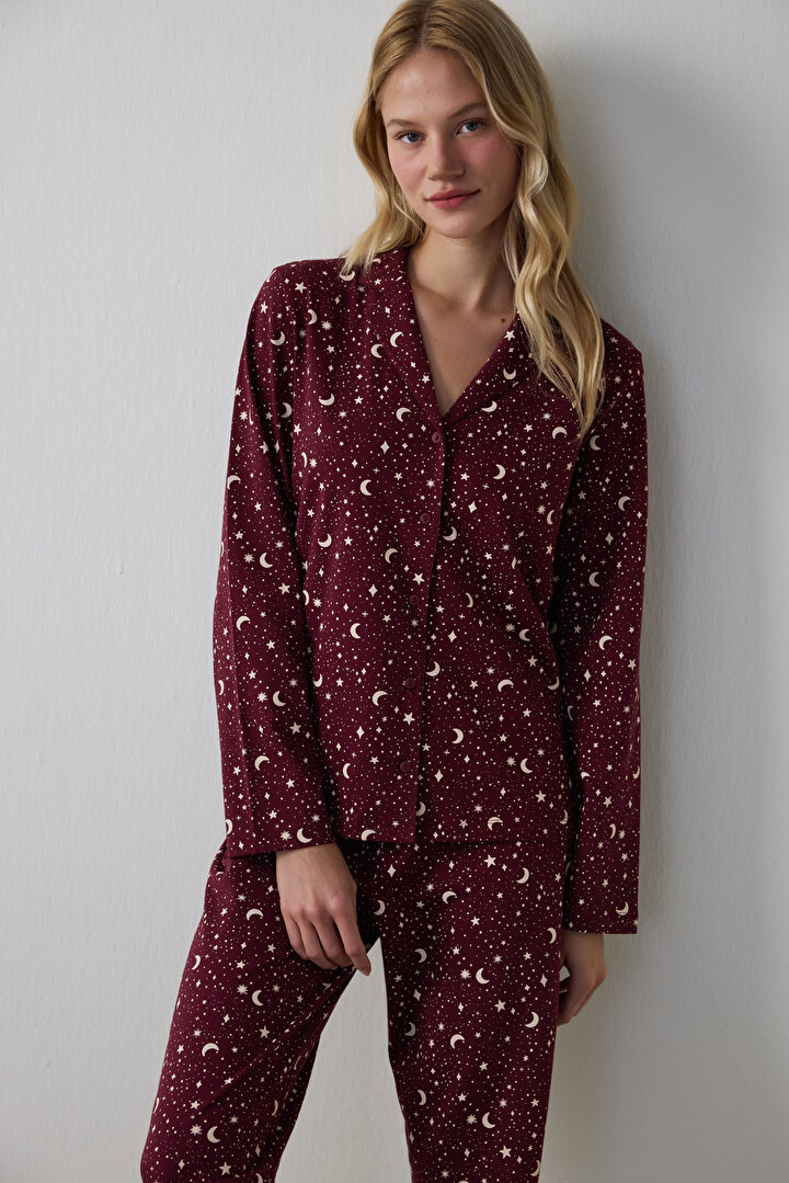 Bordo Starry Night Gömlek Pantolon Pijama Takımı - 2