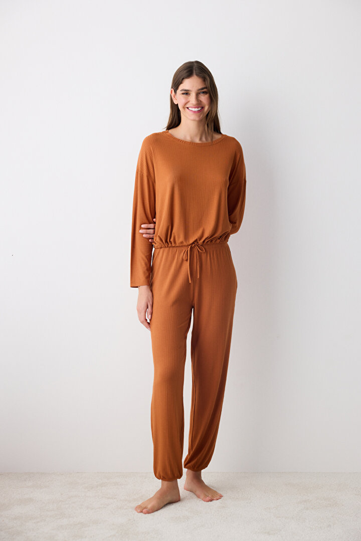 Hailey Solid Light Brown Pant PJ Set - 1