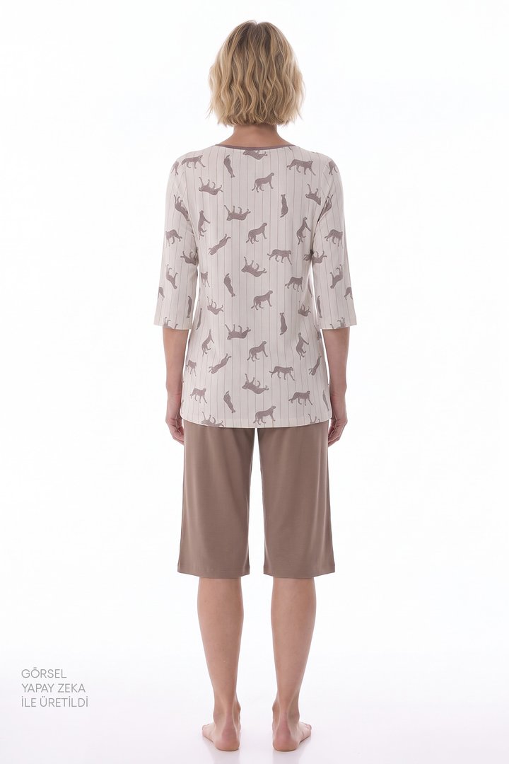 Beige Collagen Leopard Print 3/4 Sleeve Pyjama Set with Shorts - 2