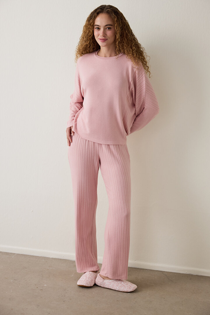 Pembe Bisiklet Yaka Uzun Kol Pijama Takımı - 1