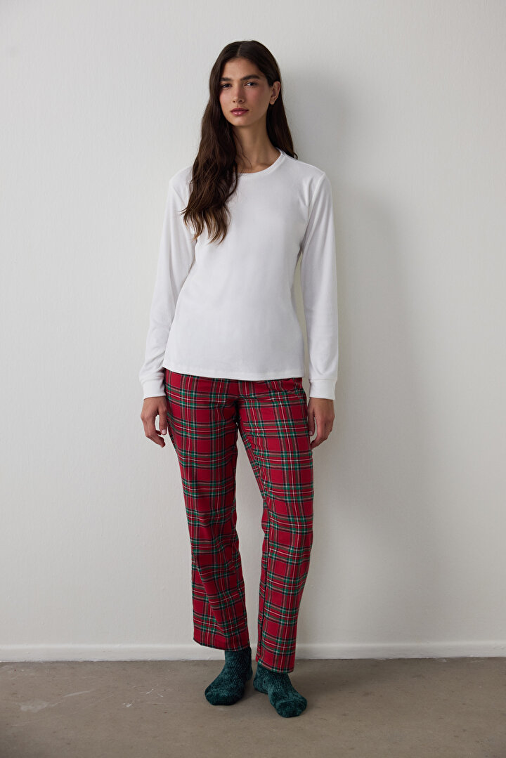 Kırmızı Comfy Time Ekoseli Bisiklet Yaka Uzun Kollu Pijama Takımı - 2